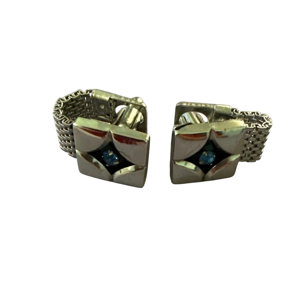 Vintage Silver Tone Wrap Around Cufflinks Blue Rhinestone Mid Century Modern